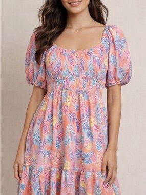 Simply Southern NWT Pineapple Print Smocked Puff Sleeve Tiered Dress